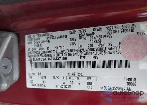 2015 Lincoln Mkc из США, поврежденный, VIN 5LMTJ2AH6FUJ37108